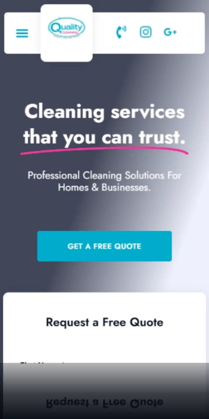 Site de empresa de limpeza nos EUA no celular, com telefone e formulário de orçamento